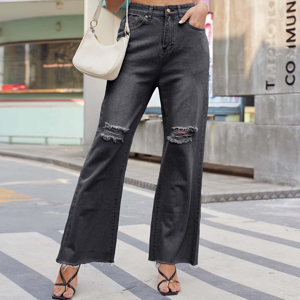 Dark Gray High Rise Distressed Frayed Hem Wide Leg Jeans